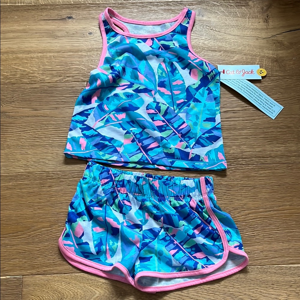 Cat & Jack Girls Tropical Leaves Tank and Shorts Pajamas Set, size XS (4/5)
